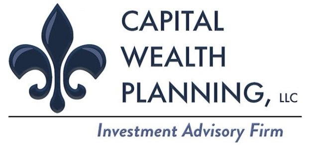 Logo der Capital Wealth Planning, LLC, eine Investmentberatungsfirma: ein blauer Kreis mit weißer Umrandung und einem weißen 'C' in der Mitte, umgeben von einem weißen Ring mit blauer Schrift 'Capital Wealth Planning' und weißer Schrift 'Investment Advisory Firm' darunter.