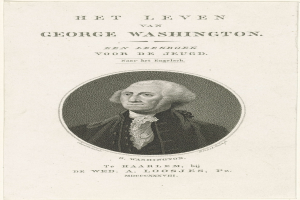 Porträt von George Washington auf Papier mit Text, trägt Anzug und Krawatte, ernster Gesichtsausdruck, direkter Blick.