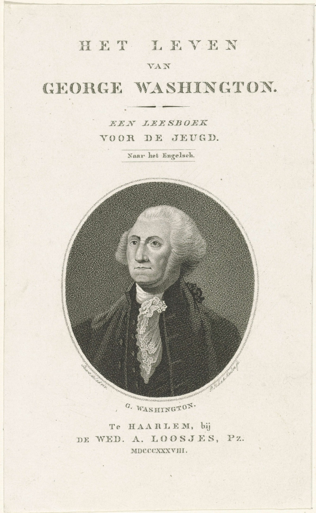 Porträt von George Washington auf Papier mit Text, trägt Anzug und Krawatte, ernster Gesichtsausdruck, direkter Blick.