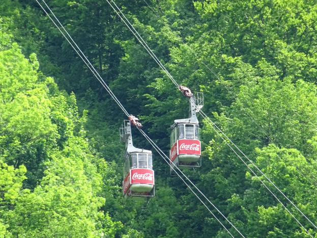 Zwei mit Text beschriftete Seilbahnen fahren einen Berg hinauf, mit Bäumen im Hintergrund.