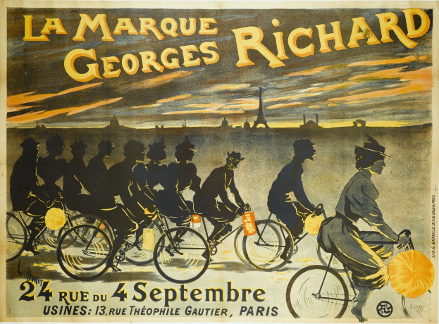 Plakat, das ein Fahrradrennen in Paris, Frankreich, ankündigt, mit einer Gruppe von Radfahrern und dem Eiffelturm im Hintergrund, mit Textdetails zum Event.