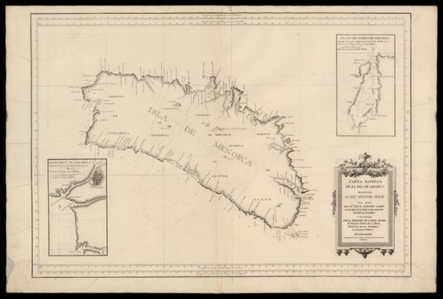 Eine dunkelthematische Karte der Britischen Jungferninseln mit Menorca zentral platziert, umrandet von schwarzem Text auf dem Papier.