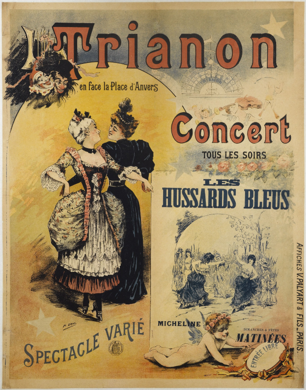 Ein Konzertplakat mit einer Frau in einem langen, hochgeschlossenen, langärmeligen Kleid und einem Mann in einem Anzug mit verschränkten Armen, beide mit ernsten Gesichtern, vor einem textlastigen Hintergrund.