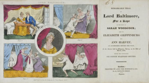 Historisches Prozessdokument zeigt Gerichtssaal mit Porträts, Vorhängen und Text.