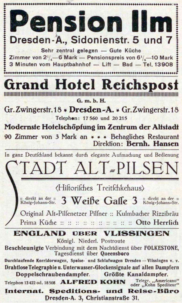 Alte Zeitungsannonce für die Pension Inn in Dresden, Deutschland, mit schwarzem Text auf weißem Hintergrund.