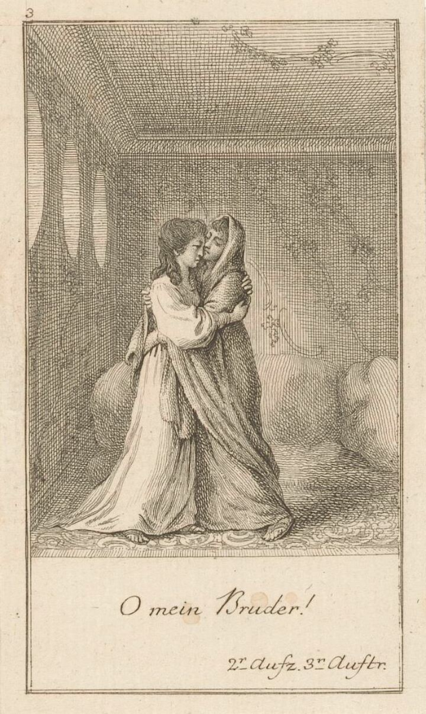 Eine Gravur eines Mannes und einer Frau, die sich in einem warm beleuchteten Raum umarmen, mit der Inschrift "O mein Bruder" unten.
