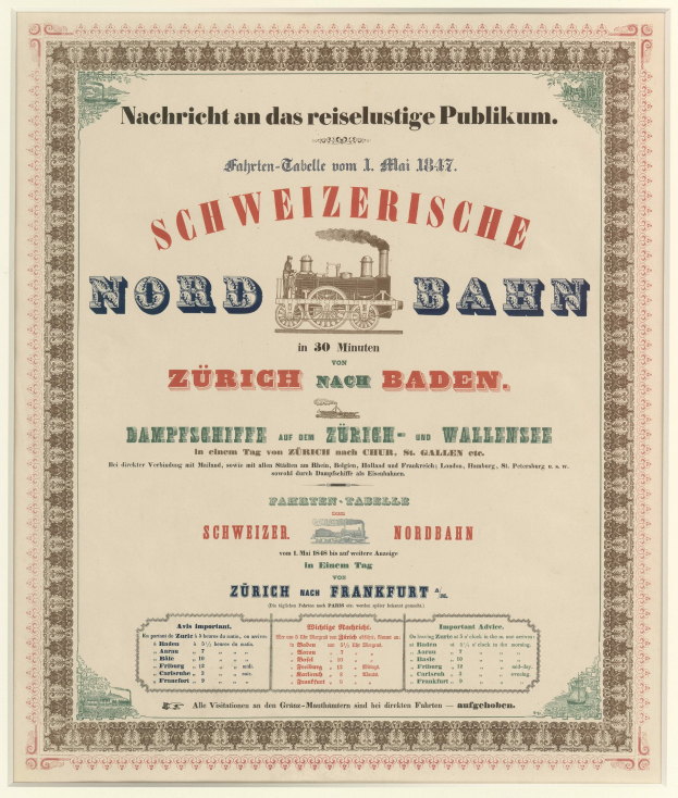 Plakat mit einem Zug in der Mitte, einem hellgelben Hintergrund und einem schwarz-weißen Karomuster, Text lautet "Schweizerische Nordbahn in Baden, Germany" in fetter schwarzer Schrift mit einem dekorativen Rahmen.