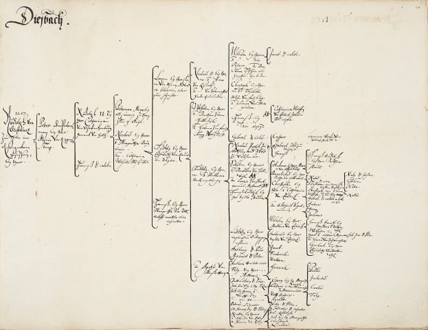 Offenes Buch mit handgeschriebener genealogischer Familienbaum-Darstellung, die die Abstammung einer deutschen Familie zeigt.