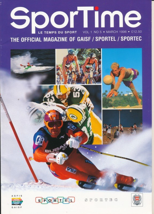 Ein Magazin-Cover mit der Aufschrift 'Sporttime Magazine - März 1996', das Bilder von Skifahren und Snowboarden sowie Text und Logos zeigt.
