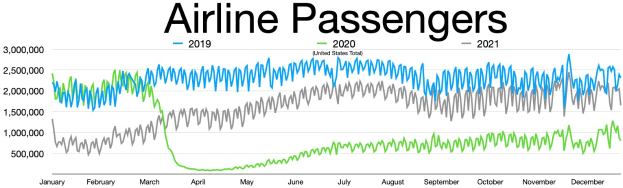 Eine Liniengraphik, die die Anzahl der Fluggesellschaften in den Vereinigten Staaten von 2019 bis 2021 zeigt, mit begleitendem erklärendem Text.