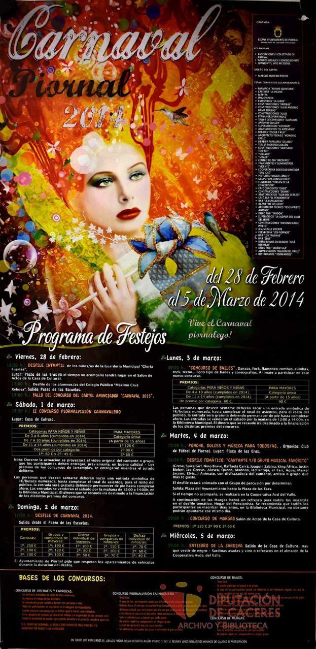 Eine Frau in einem bunten Kleid, die lächlt, umgeben von schwarzem Text, der "Carnaval Festival 2014" auf einem leuchtend gelben Hintergrund liest.