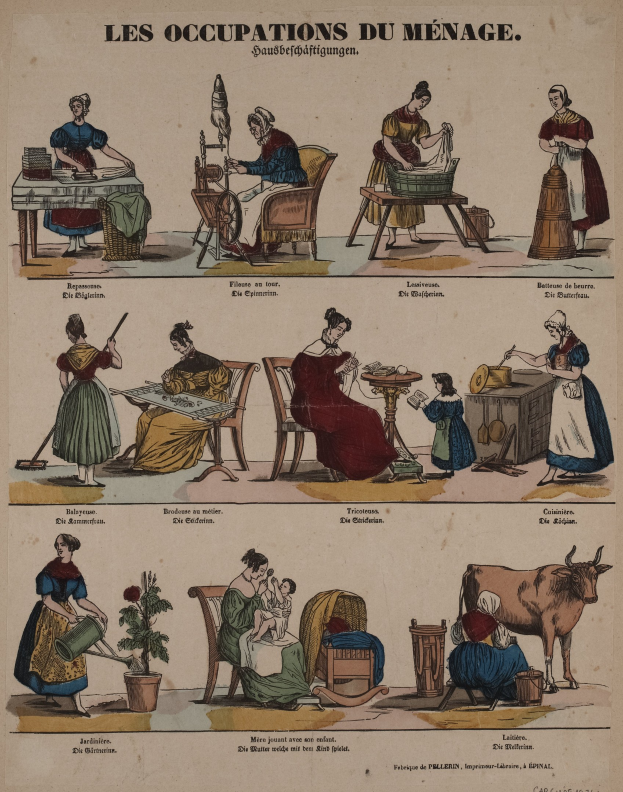Ein Plakat aus dem 19. Jahrhundert, das genderisierte Berufe zeigt, mit sitzenden und stehenden Figuren, einer Kuh, einem Topf mit einer Pflanze und anderen Gegenständen sowie erklärendem Text.