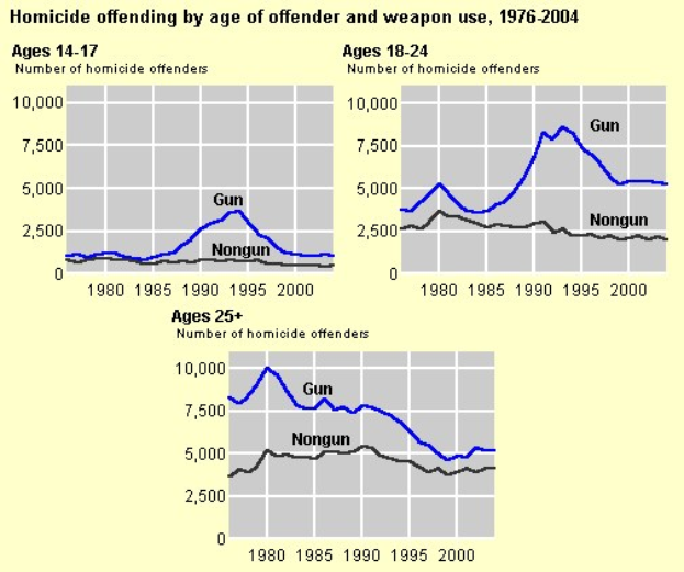 Grafik, die die Homicid-Offending-Rates nach Alter des Täters und Waffennutzung von 1976 bis 2004 zeigt, mit begleitendem erklärendem Text.