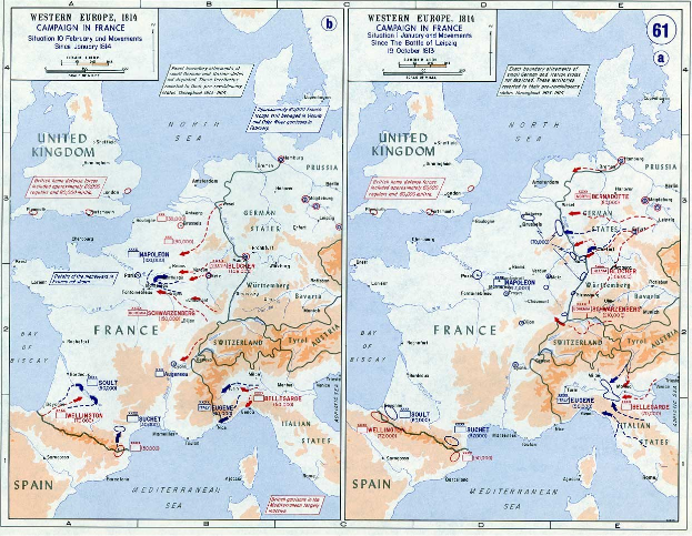 Eine Posterkarte von Europa während der Schlacht von Leipzig, unterteilt in Abschnitte für Europa und Frankreich, mit nummerierten Regionen und textueller Beschriftung von Städten und geographischen Merkmalen.