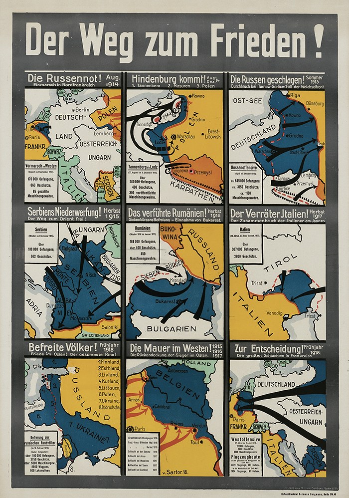 Plakat mit der Aufschrift "Der Weg zum Frieden", das eine bunte Deutschlandkarte mit verschiedenen Symbolen und fetter Schrift zeigt.