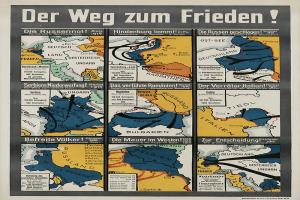 Plakat mit der Aufschrift "Der Weg zum Frieden", das eine bunte Deutschlandkarte mit verschiedenen Symbolen und fetter Schrift zeigt.