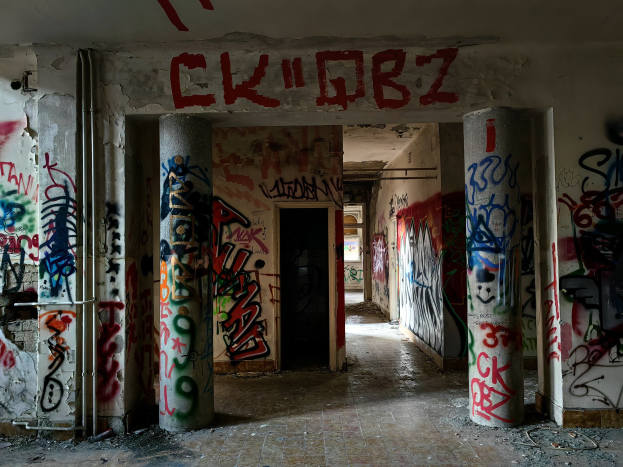 Verlassenes Gebäude mit graffiti-bedeckten Wänden, sichtbarem Boden, freiliegenden Rohren und einer Tür im Hintergrund, die den Verfall der Stadt illustriert.
