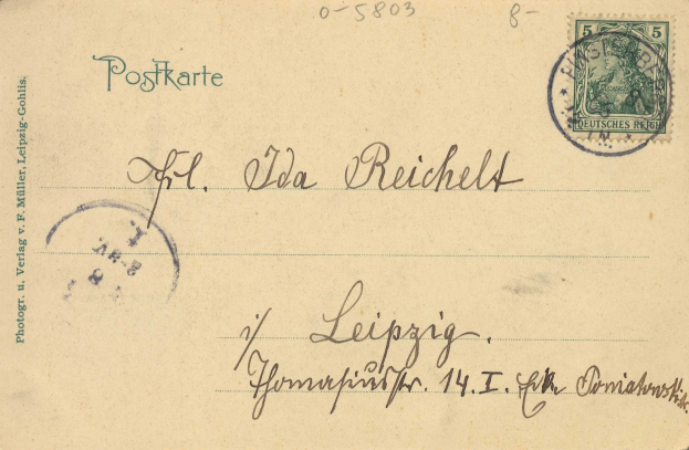 Alte Postkarte aus Deutschland mit einer Briefmarke, die ein Frauenbild auf der rechten Seite und Text auf der linken Seite zeigt, an Leipzig adressiert.