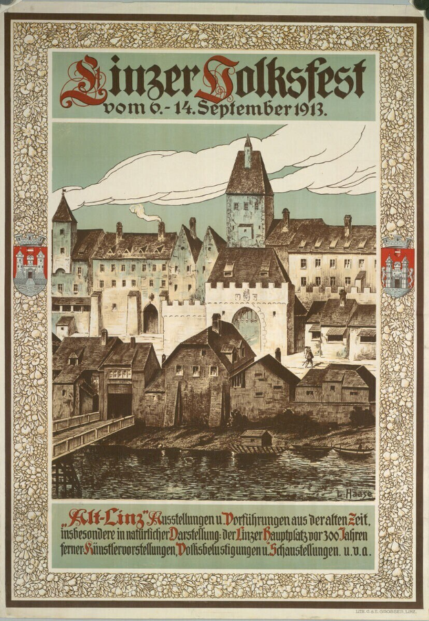 Alter Plakatwerbung eines Festivals in Deutschland mit einer Illustration einer Burg umgeben von Häusern und Text, der Festivaldetails bereitstellt.