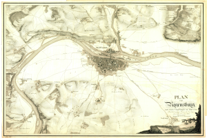 Ein altes Stadtplan von Leipzig, Deutschland, gerahmt und mit Text, der Straßen, Gebäude und Sehenswürdigkeiten beschreibt.