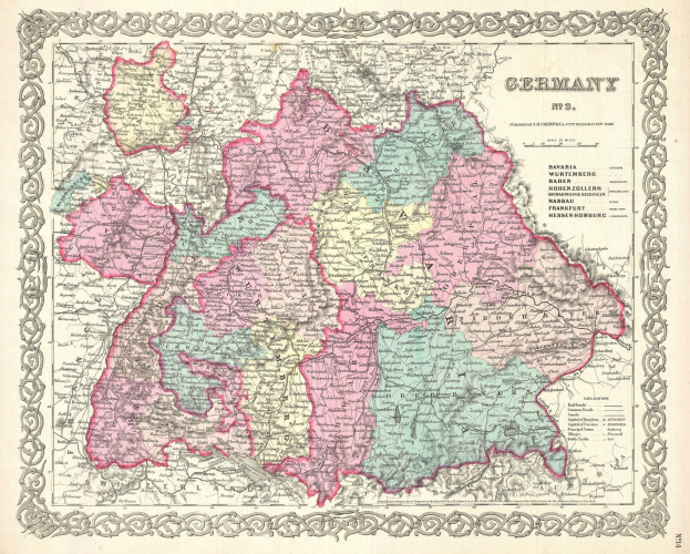 Alte Deutschlandkarte auf Papier, die die Provinzen Bayern, Baden-Württemberg und Baden zeigt, mit Text zur Regionsbeschreibung.