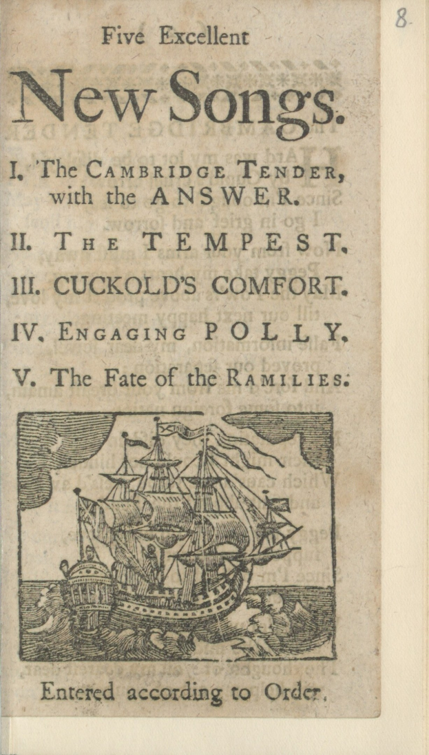 Altes Buchcover mit einem Segelschiff auf Wasser und dem Text "Fünf ausgezeichnete neue Lieder" und einem blauen Himmel mit Wolken.