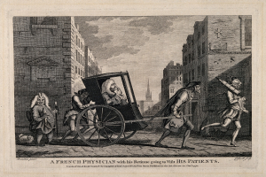 Eine Schwarz-Weiß-Illustration eines französischen Arztes in einer Kutsche, umgeben von Menschen, mit Gebäuden und einem bewölkten Himmel im Hintergrund und Text unten.