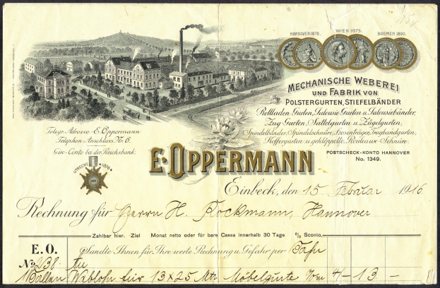 Alte deutsche Banknote mit einer Fabriklustration, Text, Zahlen und Bilder von Gebäuden, Bäumen und Rauch.