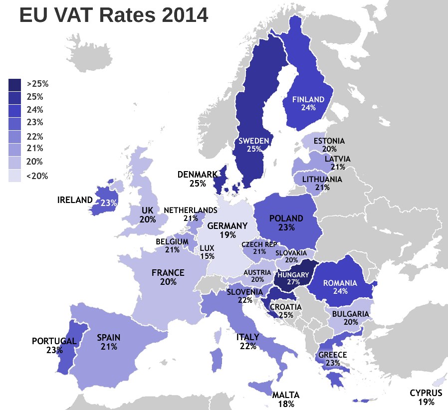 Eine Landkarte von Europa, die die EU-Mehrwertsteuersätze von 2014 mit Prozentangaben und Text anzeigt.