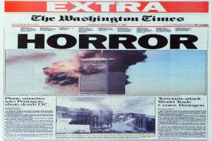 Ein Nachrichtenartikel mit Fotos von brennenden Gebäuden und aufsteigendem Rauch neben Text.