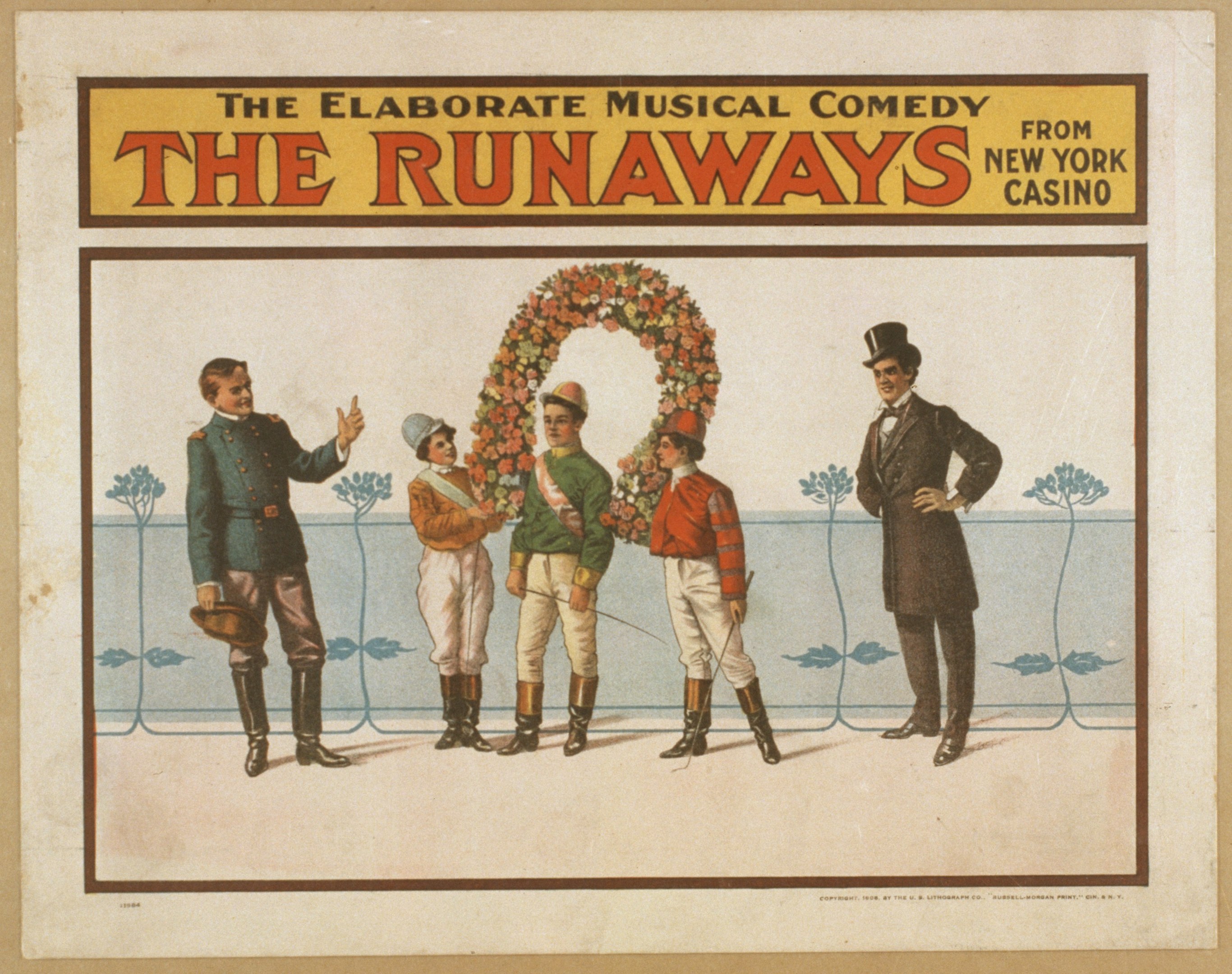Plakat für "Die Elaborate Musical Comedy Runaways aus New York Casino" mit einer Gruppe von Menschen in einer Reihe, einer Person mit einem Blumenstrauß und Text, der die Komödie beschreibt.