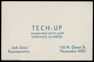 Business card with "tech-up incorporated not for profit" text on a black background.