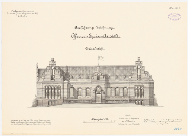 Eine Zeichnung des Hauptsaals des Deutschen Parlaments in Berlin mit einer Flagge oben drauf und begleitendem Text.