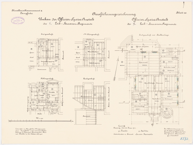 Ein detaillierter Grundrissplan der ehemaligen Kanzlerbüros, der den Aufbau des Gebäudes mit verschiedenen Räumen und Textanmerkungen zeigt.
