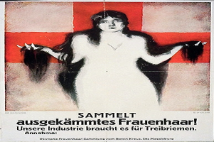 Ein deutscher Propagandaplakat mit einer Frau mit langen Haaren und Textinformationen über sie.