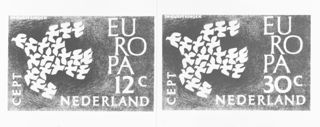 Ein Schwarz-Weiß-Foto von zwei Plakaten, auf denen jeweils das Wort "Europa" und "Nederland" steht.