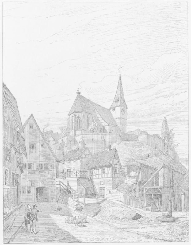 Eine Schwarz-Weiß-Zeichnung einer StraßenSzene in Heidelberg, Deutschland, mit der Kirche der Heiligen Dreifaltigkeit im Hintergrund, umgeben von Gebäuden, Menschen, Tieren, Bäumen und Himmel, mit Text unten lesend "Die Kirche der Heiligen Dreifaltigkeit im alten Stadtzentrum von Heidelberg, Deutschland".