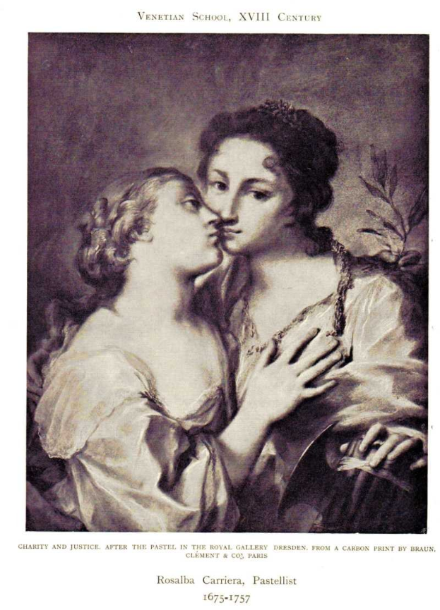 Plakat mit zwei Frauen, wobei eine die andere küsst, mit Text unten: 'Barmherzigkeit und Gerechtigkeit nach dem Pastell in der Königlichen Galerie, Dresden, aus einem Kohledruck von Braun'.