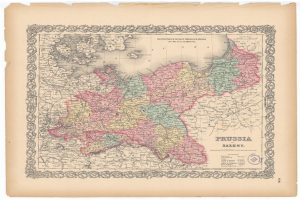 Alte gedruckte Karte der preußischen und sächsischen Provinzen mit sichtbaren Grenzen auf altem Papier.