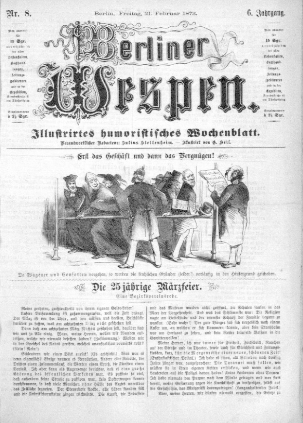 Eine alte Zeitung namens "Berliner Wespen" vom 21. Februar 1873, die eine Gruppe von Menschen in traditioneller deutscher Kleidung zeigt, die sich unterhalten.