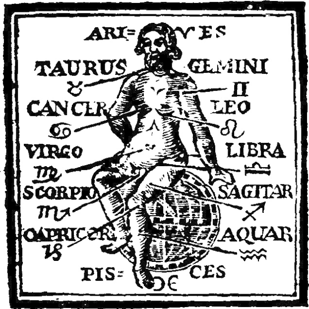 Schwarze und weiße Illustration eines ernst dreinblickenden Mannes in einem langen Gewand, der auf einer Weltkugel sitzt, mit der Aufschrift 'Stier' darüber, innerhalb einer kreisförmigen Anordnung von Tierkreiszeichen.