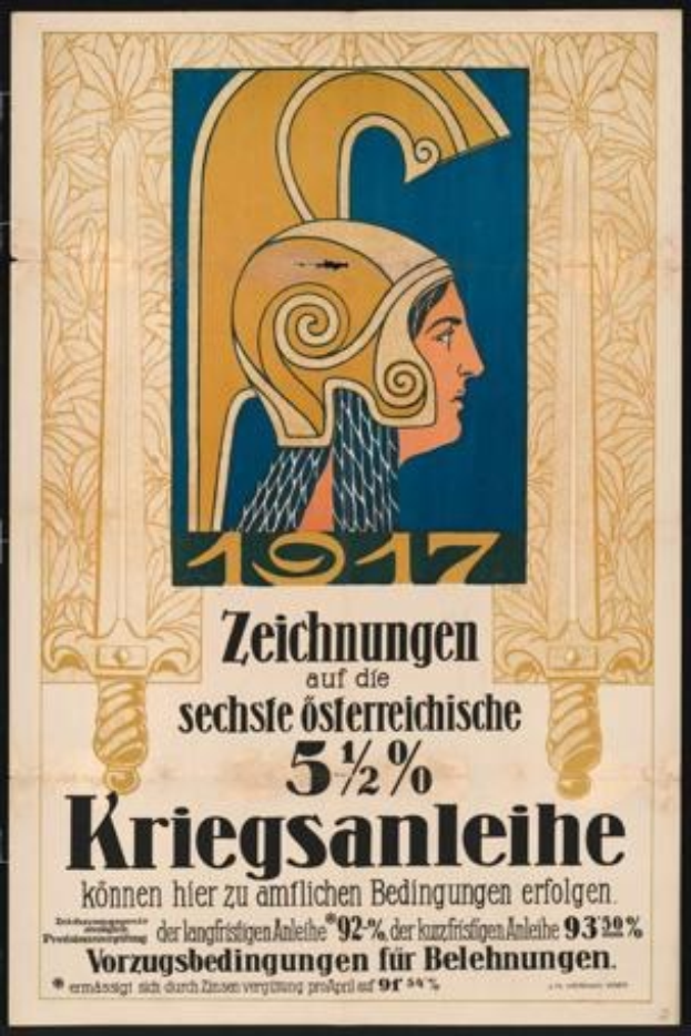 Plakatankündigung eines Konzerts in Berlin, Deutschland, 1917, mit einer Frau in einem Helm, die ein Schwert hält, und Text darauf