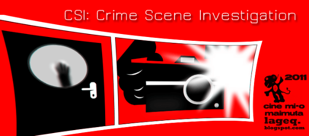 Ein rotes Plakat mit "CSI Crime Scene Investigation" in weißer Schrift, das einen Menschen in einer schwarzen Kapuzenjacke mit entschlossener Miene zeigt, umgeben von einem schwarz-weißen Rahmen, vor einem dunklen blauen Hintergrund.