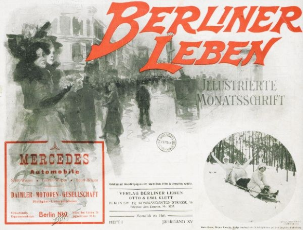 Anzeige für einen Mercedes-Benz in Berlin, Deutschland, mit einer Gruppe von Menschen, Bäumen, Gebäuden, Text und einem Stempel.