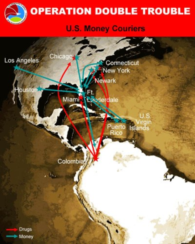 Plakat mit der Überschrift "Operation Double Trouble: US-Geldkurier" mit einer Karte der USA, die in zwei Abschnitte unterteilt ist, einer zeigt die Route der US-Geldkurier und der andere zeigt die Standorte der Geldtransporteure, mit fetter schwarzer Schrift auf einem weißen Rand.