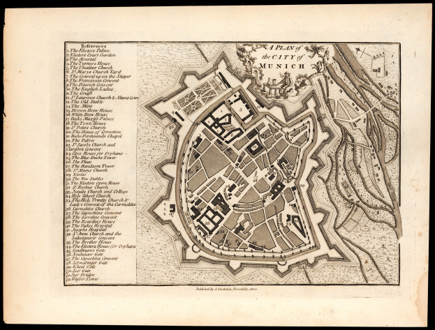 Detailreiche alte Karte von München, Deutschland, mit Straßen, Gebäuden und Sehenswürdigkeiten auf schwarzem Hintergrund, einschließlich Textbeschriftungen.