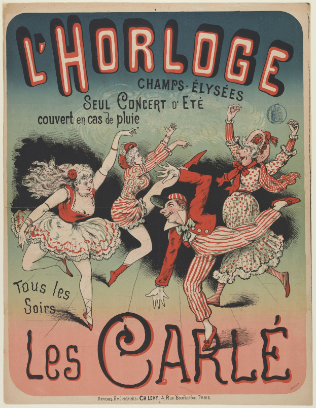 Plakat für ein Konzert in der Chorhalle in Paris mit einer Gruppe tanzender Menschen in bunten Kostümen mit strahlenden Gesichtern, umgeben von fetter Schrift auf einem hellgelben Hintergrund.