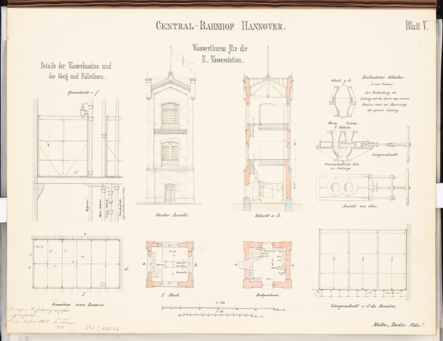 Ein Buch mit einer detaillierten Zeichnung des Zentralbahnhofs Hannover, das seine Fenster, Türen und andere Merkmale zeigt, mit begleitendem Text über den Entwurf des Gebäudes.