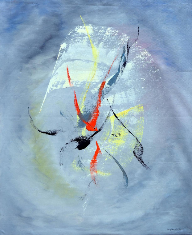 Abstrakte Malerei mit Acryl auf Leinwand mit einem grauen Hintergrund, blauen Tönen und roten und gelben Akzenten.