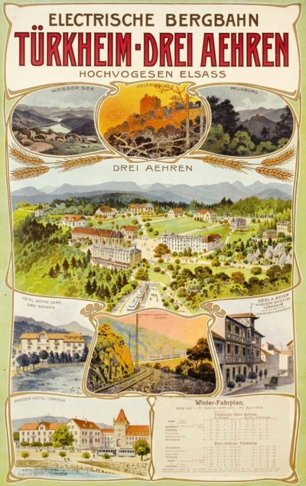 Plakat, das Bergbahn, Deutschland als elektrisches Stadtbild bewirbt, mit Abbildungen von Gebäuden, Bäumen, Hügeln und beschreibendem Text.